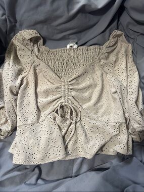 Lovers + Friends Beige Eyelet Ruched Peasant Top